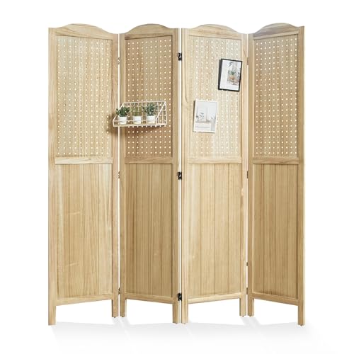 Pegboard Display, 5.6Ft Wooden Room Divider Folding Privacy Screens Portable Freestanding Wall Organizer for Retail Craft Art Display Board (4panels