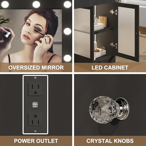 Vanity Desk with Large Mirror and Lights, Glass Top Makeup Vanity with Lights & Power Outlet for Bedroom, 3 Color Lighting Modes