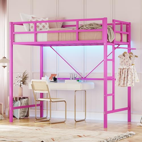 DICTAC Loft Bed Twin Size with Ladder and Guardrail,Metal Twin Loft Bed with Led Lights,Small Space Saving Furniture Design for Bedroom