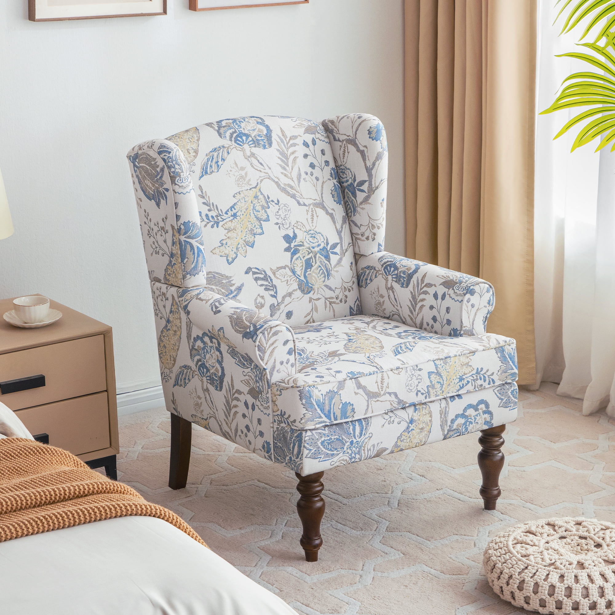 HUIMO Wingback Accent Chair for Living Room, Mid Century Modern Fabric Armchair with Wooden Legs