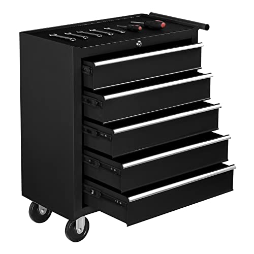 TUFFIOM 5-Drawer Rolling Tool Chest w/Drawers & Lock, Tool Storage Cabinet with Lockable Wheels, Top Cushion & Drawer Liners
