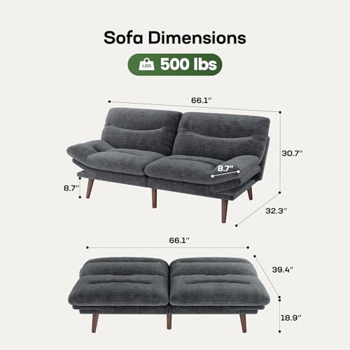 Marsail Futon Sofa Bed, Futon Couch with Adjustable Backrest & Armrests, Convertible Small Sleeper Sofa Bed for Small Apartments, Study Room, Office