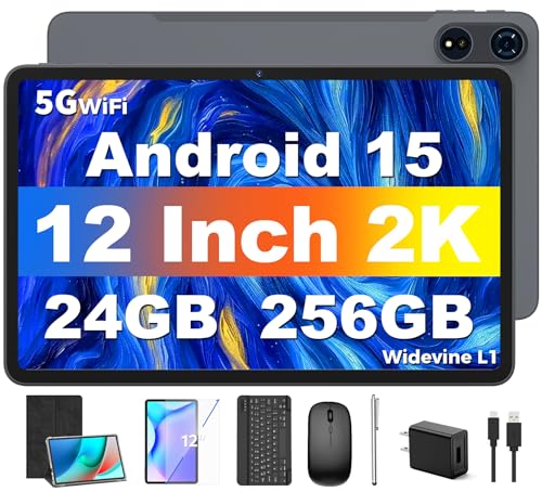 Tablet 12 inch Android 15 Tablets, 24GB（8+16）RAM+256 Storage(Expand to 1TB), Android Tablet with Keyboard, Octa-Core, 2K 2000x1200 Display