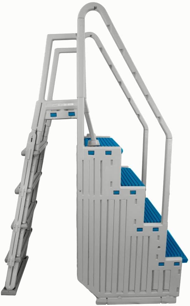 Confer Plastics Above Ground Swimming InPool Step & Ladder | Heavy Duty | White Frame with Blue & Gray Steps | Deck Height Up to 60 Inches | Enter &