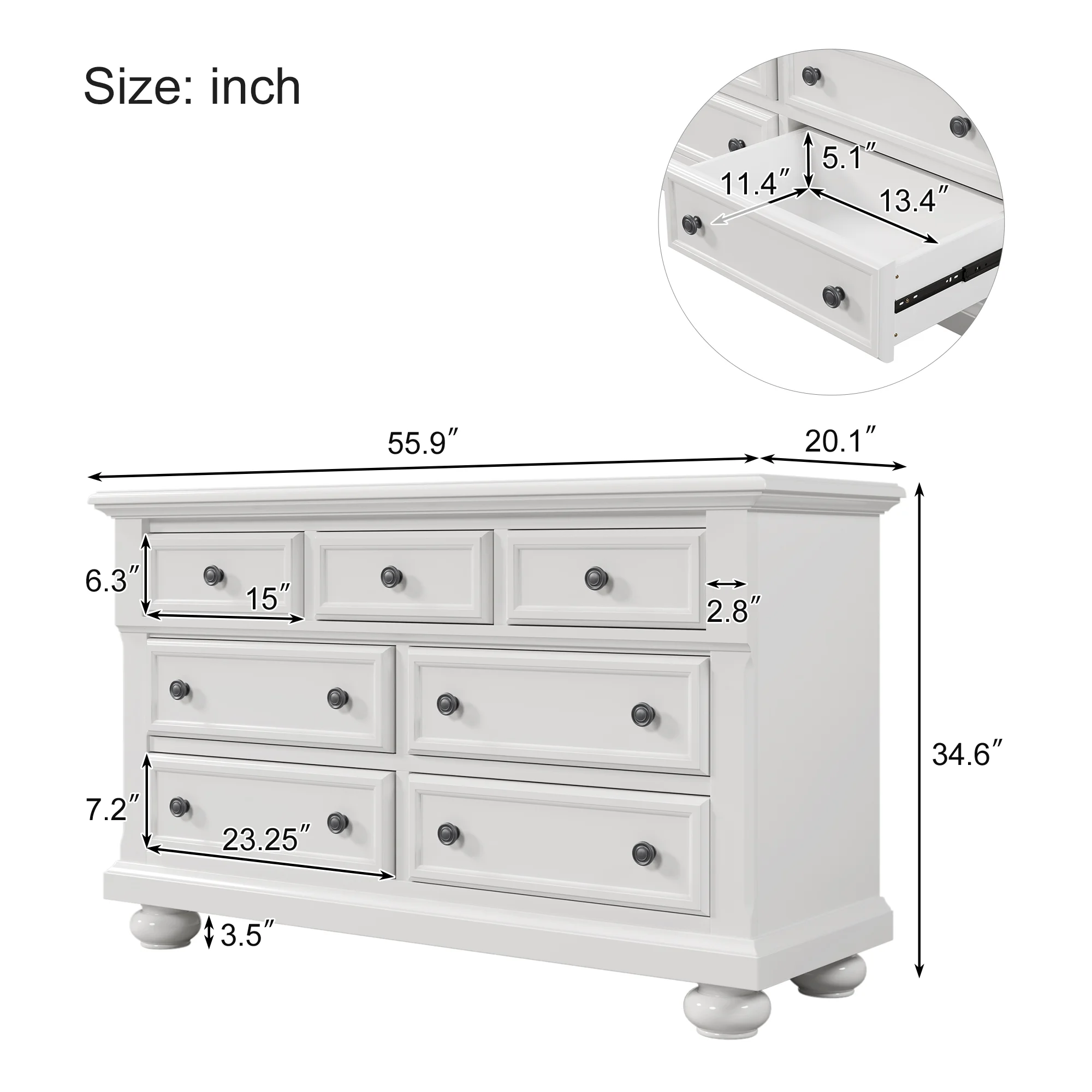 Solid Wood Seven-Drawer Dresser for Nursery, Kid’s Room, Bedroom, White