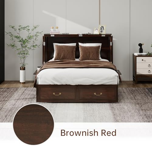 Murphy Bed Cabinet Full, Solid Wood Murphy Bed with 2 USB & 2 Charging Ports, Large Storage Drawer for Home Office or Small Space