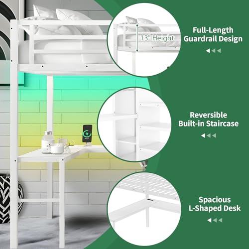Queen Size Metal Loft Bed with L Shaped Desk and Wardrobe, Heavy Duty Loft Bed Frame with Storage Stairs, High Loft Bed Frame with LED