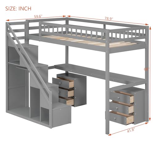 Modern Full Size Gaming Loft Bed with Built-in Desk and Storage Wardrobe, Wood Loft Bed Frame with Light Strip and 2 Drawers