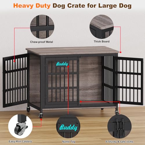 EasyCom 48"/42"/33" Dog Crate Furniture with Name Tag, Heavy Duty Dog Kennel Indoor for Large Dogs