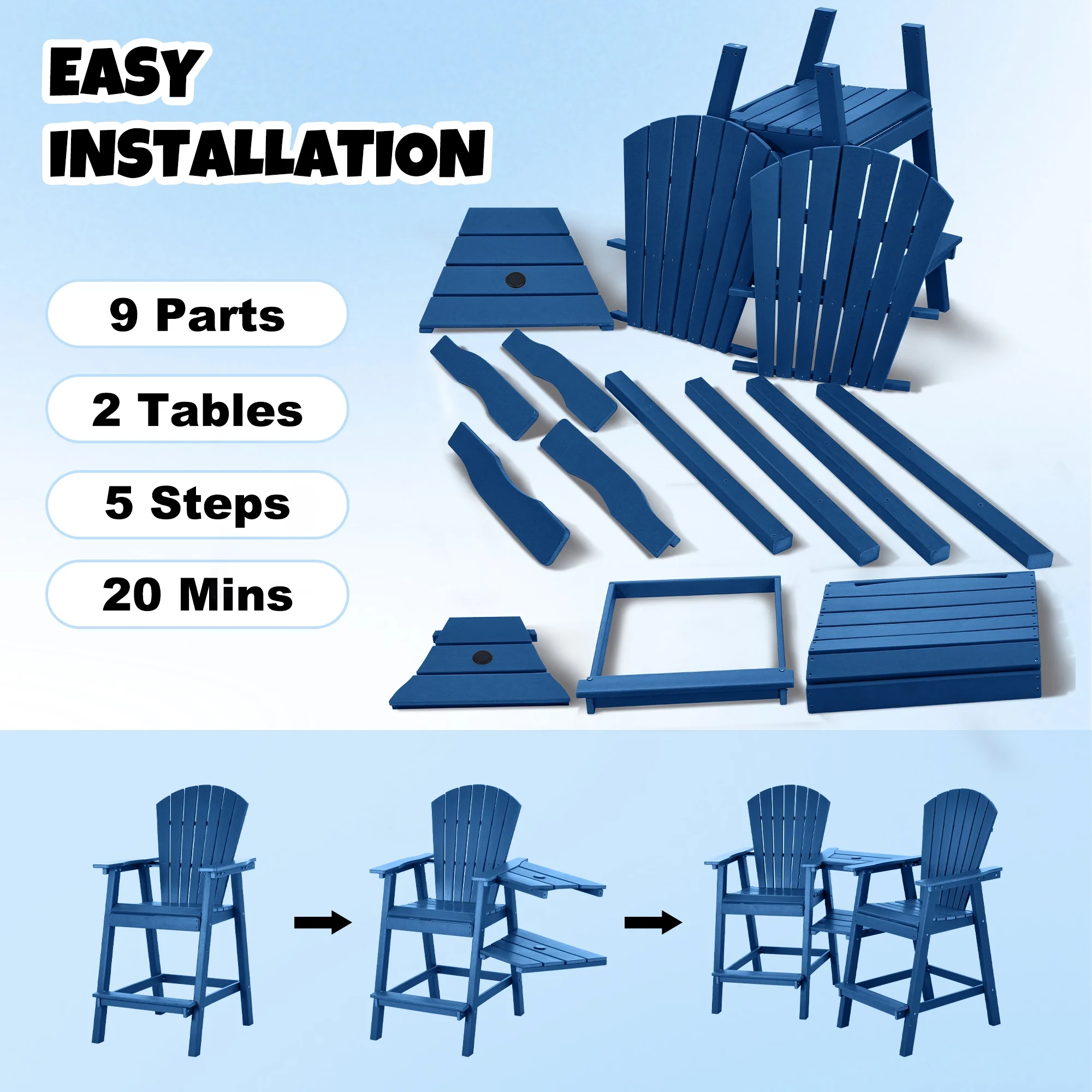 Tall Adirondack Chair Set of 2, HDPE Balcony Chair with Double Connecting Tray, Outdoor Weather Resistant Adirondack Chair, Navy Blue