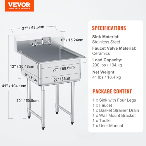 VEVOR Stainless Steel Prep & Utility Sink, 1 Compartment Free Standing Small Sink Include Faucet & legs