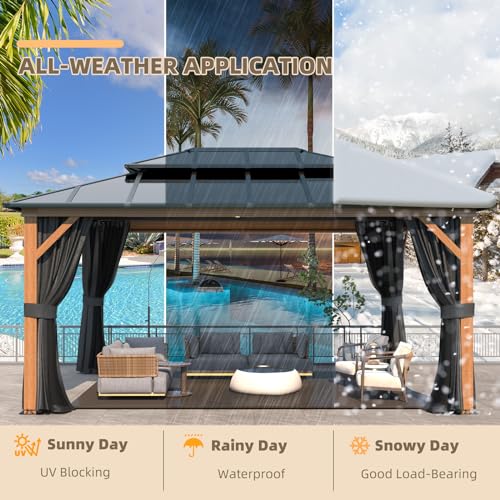 YOLENY 10'x13' Hardtop Gazebo, Outdoor Polycarbonate Double Roof Canopy, Aluminum Frame Permanent Pavilion with Curtains and Netting