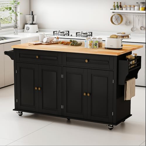 67’’ Movable Kitchen Island with Drop Leaf and Power Outlet, Lockable Sliding Countertop Rolling Island Cart with 2 Large Drawers, Spice, Towel Rack