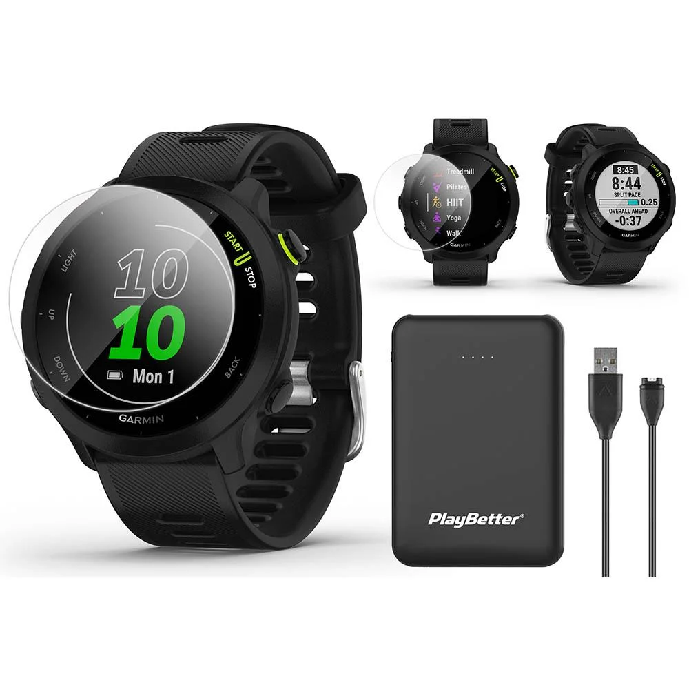 Garmin Forerunner 55 (Black) GPS Running Smartwatch Power Bundle with PlayBetter Portable Charger & HD Screen Protectors - Curated Treasures Market