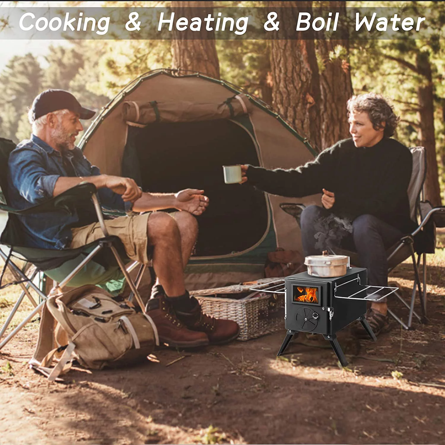 Coewske Camping Stove Portable Steel Hot Tent Stove with Pipe for Outdoor Cooking Trips, Black