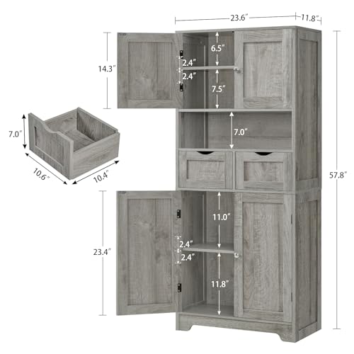 57.8“H Tall Bathroom Cabinet, Storage Cabinet with 2 Drawers & 2 Adjustable Shelves, Bathroom Storage Cabinet with 4 Doors