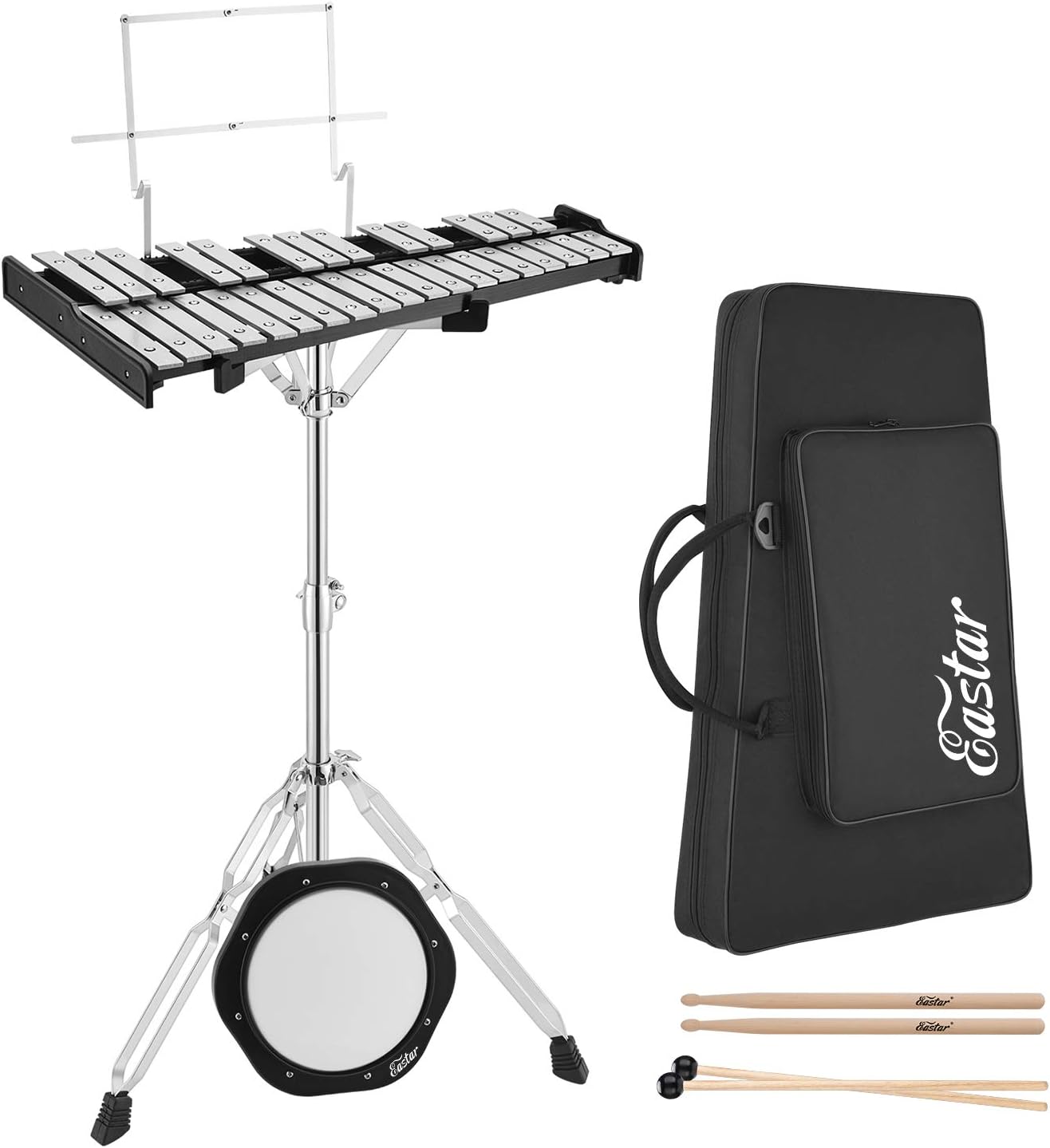 Eastar Advanced 32 Note Glockenspiel Xylophone Bell Kit Percussion Kit for Adult with 8 Inch Drum Practice Pad, Stand, Glockenspiel Stick