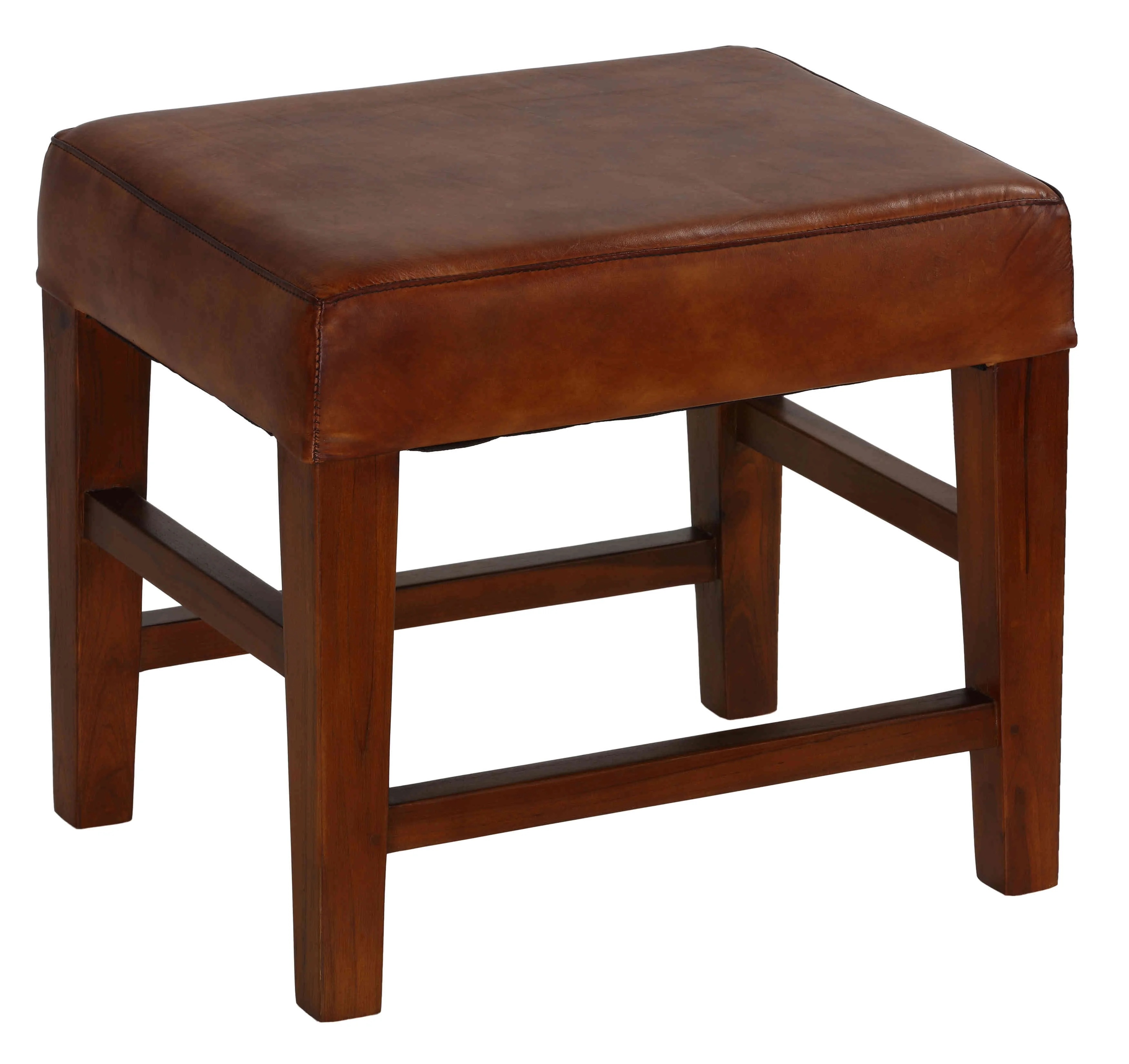 Bare Decor Alvin Genuine Leather Ottoman with Solid Teak Wood Legs, Brown