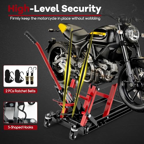 Goplus Motorcycle Lift, 1500 LBS Hydraulic ATV Scissor Jack with Footplates & Long Handle, 2 Ratchet Belts, 4 Wheels, 4.7”-15” Lifting Range