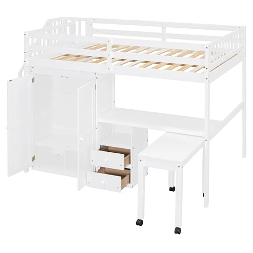 Harper & Bright Designs Twin Size Loft Bed with Stairs and Bookshelf, Wood Twin Storage Bed with Desk & Wardrobe