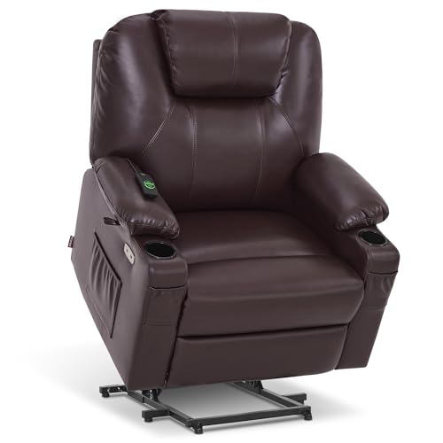 MCombo Power Lift Recliner Chair for Elderly, Lift Chair with Heat and Massage, FSC Certified, USB Ports, Cup Holders, Faux Leather 7040 (Black