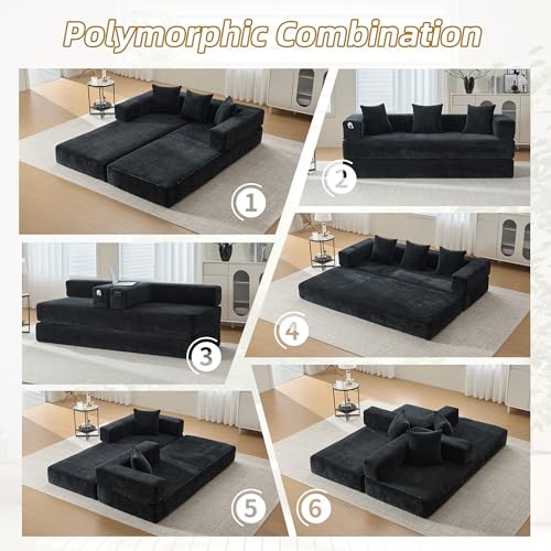 Convertible Sleeper Sofa Bed with Cylindrical Pillow, Corduroy Folding Mattress Couch with Fixed-Shape Frame