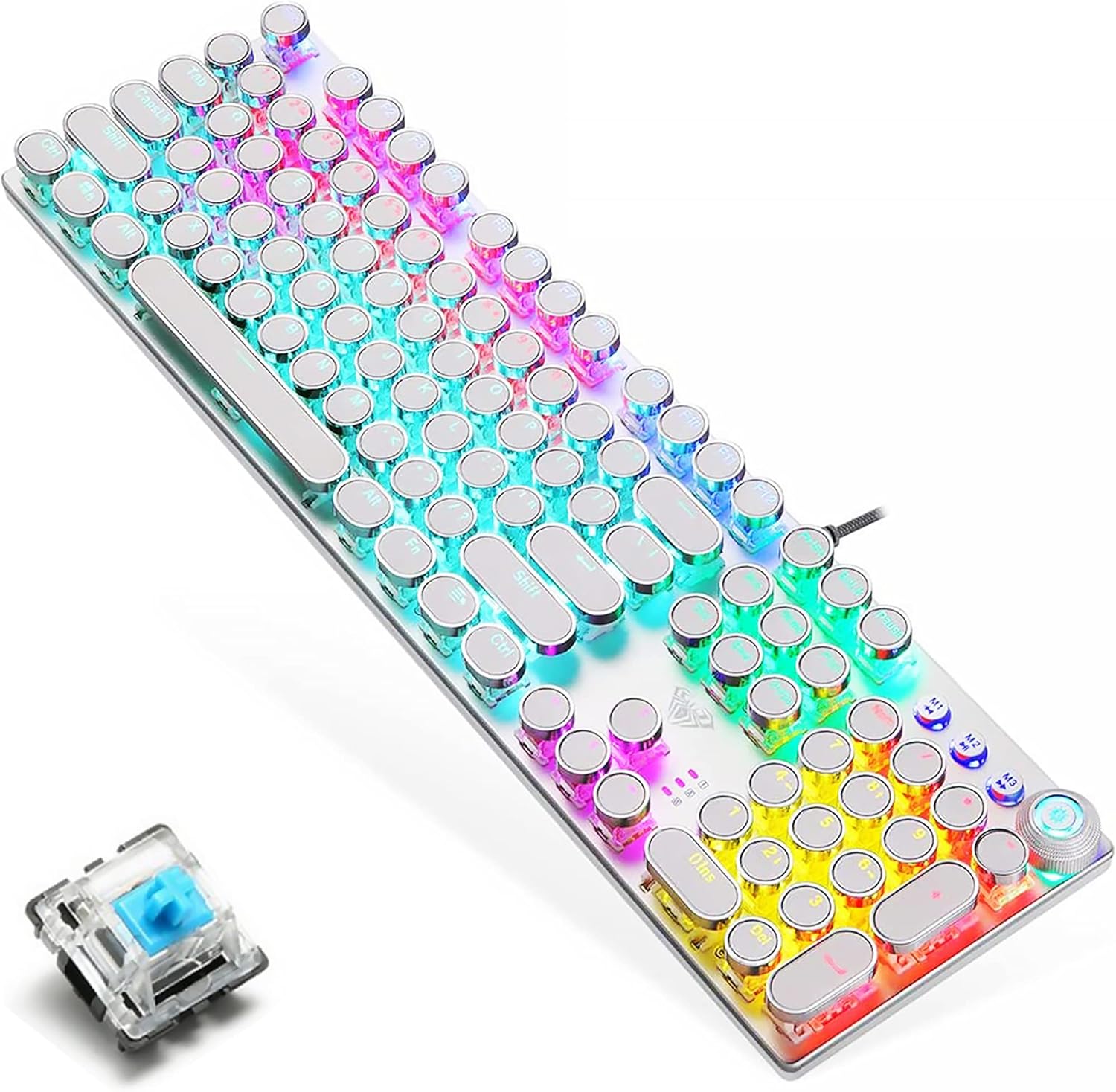 Mechanical Gaming Keyboard,Blue Switches,USB Wired,Retro Steampunk Typewriter Round Keycaps,Metal Panel,Moveable Wrist Rest,for Game and Office