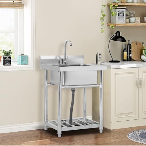 Utility Sink Stainless Steel Free Standing Single Bowl Laundry Outdoor Commercial Kitchen Sink with Cold Hot Pipe for Bar, Garage, Restaurant