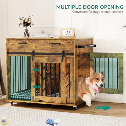 YITAHOME Dog Kennel Furniture for 2 Dogs, 39 inch Double Dog Crate with Storage Drawers, Indoor Wooden Dog House Heavy Duty for 2 Small Medium Dogs