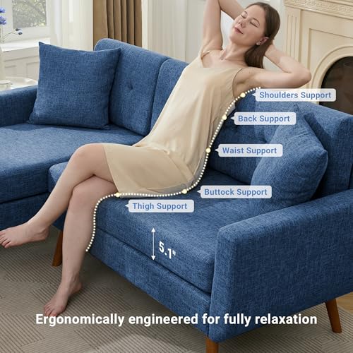 Tbfit L Shaped Couch Sofa, 80" W Mid-Century Modern Sectional Couches, 3 Seater Sofas with Wide Chaise Lounge & Two Pillows