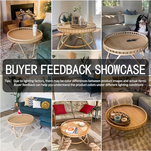 FINECASA Round Rattan Coffee Table, 32'' Wicker Boho Hand-Woven Top