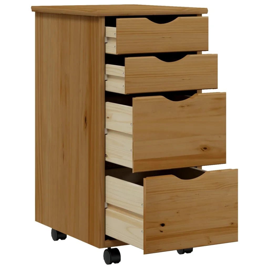 Tomshoo Rolling Cabinet with Drawers, Honey Brown Solid Wood Pine, Ample Storage Space, Flexible Wheels
