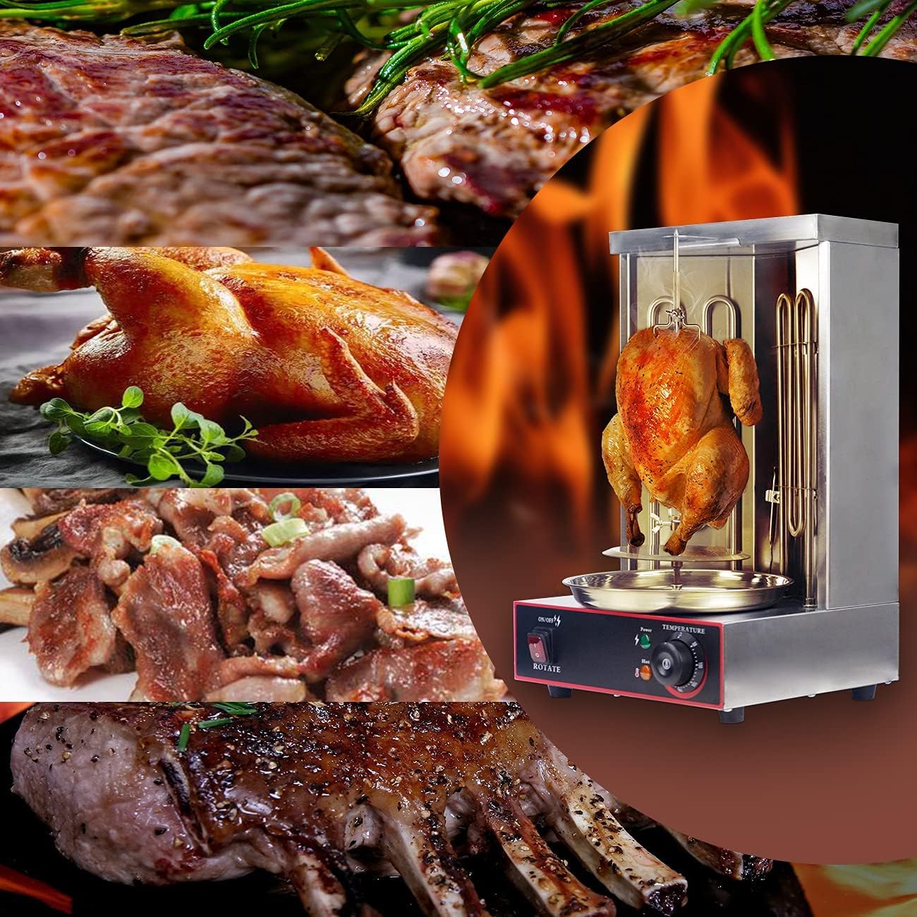 Li Bai Shawarma Machine Electric Vertical Kebab Grill Gyro Rotisserie Oven Meat Broiler with 2 Heating Tubes Stainless Steel Body 110V For Home
