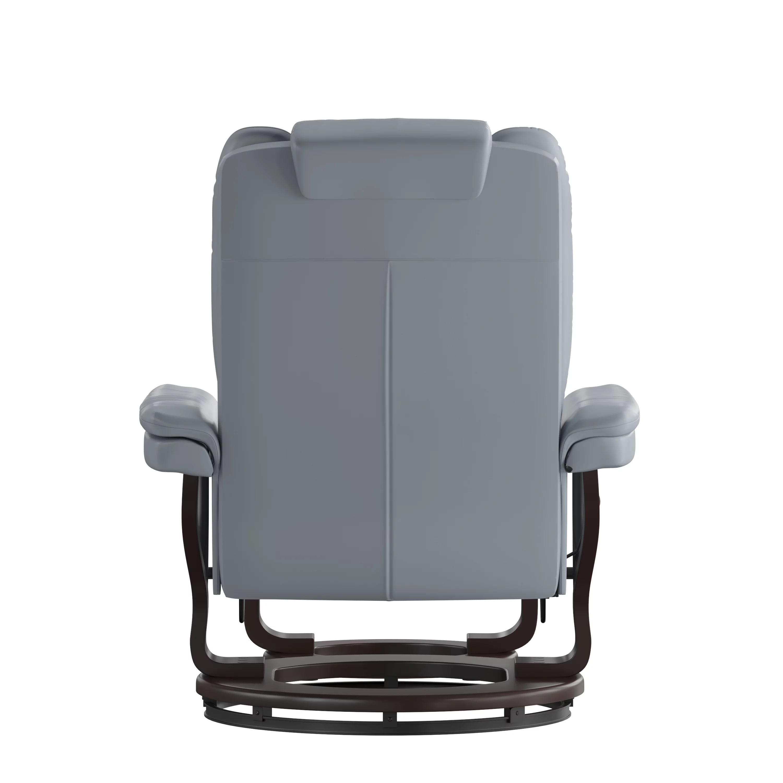 Emma + Oliver Contemporary Multi-Position Recliner with Horizontal Stitching and Ottoman with Swivel Mahogany Wood Base in Gray Faux Leather