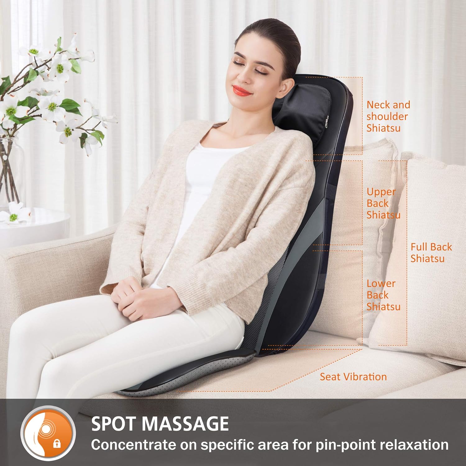 SNAILAX Shiatsu Back Massager with Heat -Deep Kneading Massage Chair Pad with Adjustable Intensity, Shiatsu Chair Massager to Relax Full Body Muscle