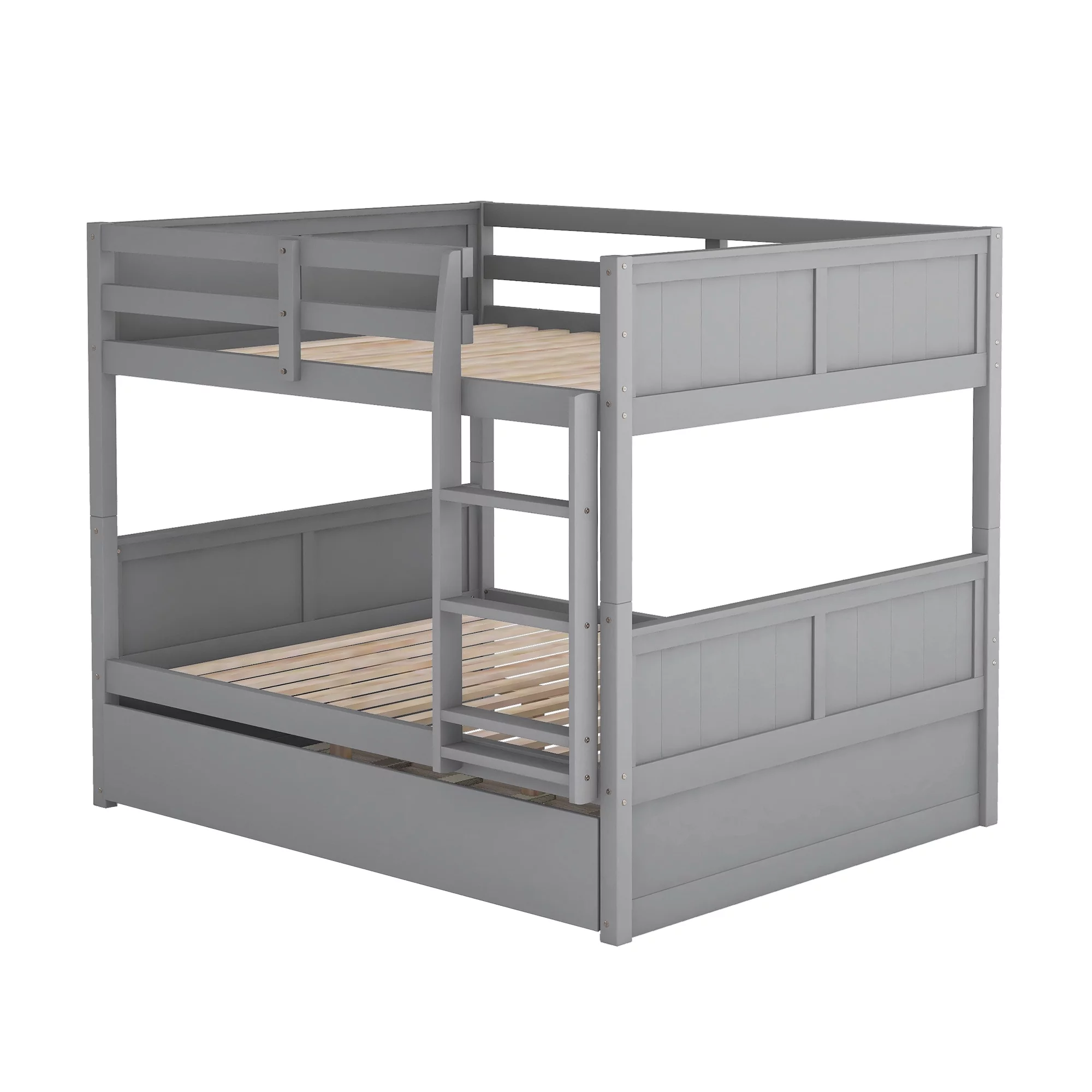 BELLEMAVE Full Over Full Bunk Bed, Wood Bunk Bed Frame with Twin Trundle, Fence Shaped Guardrails, Ladder, Headboard, Convertible into 2 Bed