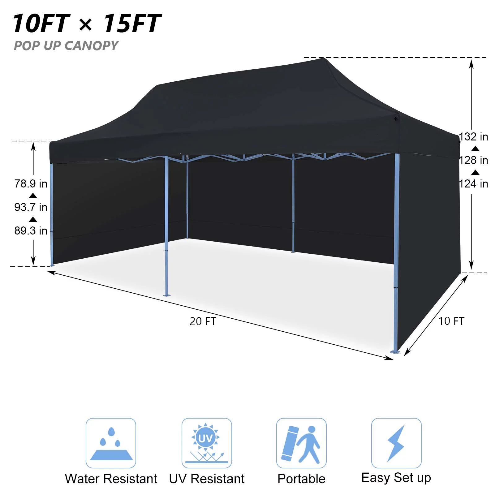Texinpress 10'x20' Ez Pop Up Commercial Canopy Tent with Sidewalls, Black