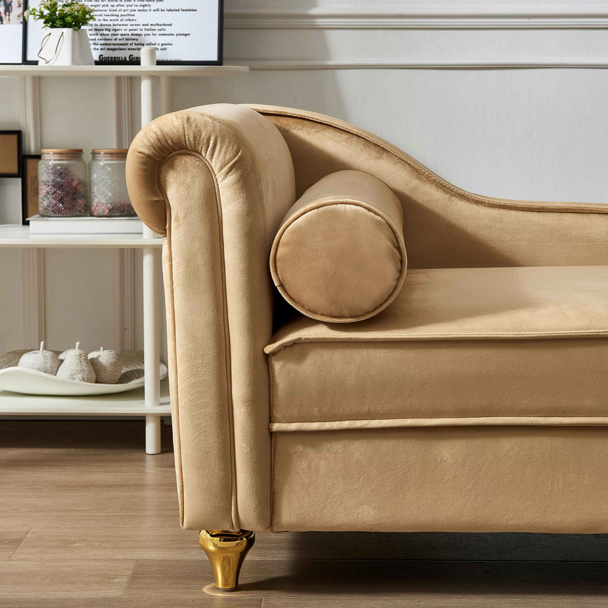 Modern Upholstery Chaise Lounge Chair with Storage Velvet (Khaki)