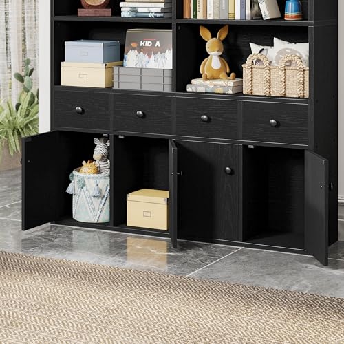 IRONCK 78.7" Bookcase with 4 Drawers and 4 Doors, 6 Tier Large Bookshelf with Storage, Floor Standing Display Storage Shelves