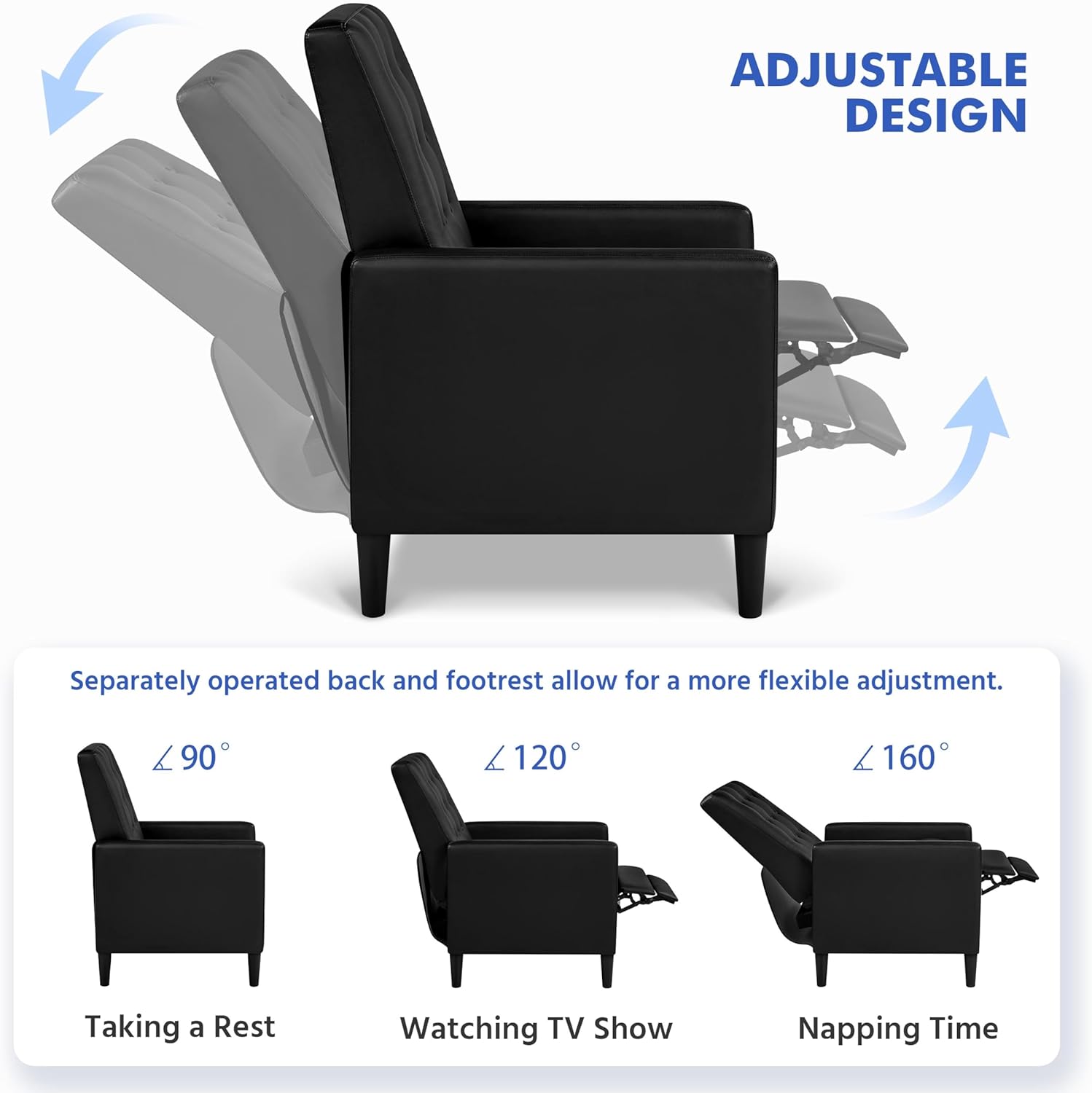 TJUNBOLIFE Faux Leather Recliner Sofa Mid-Century Modern Single Reclining Chair Adjustable Back &amp
