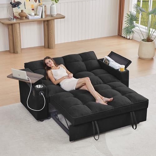 68.11" Corduroy Sleeper Chair Bed with USB Port, Cup Holders & Side Storage Pockets – 3-in-1 Foldable Sofa Bed for Guest Room, Living Room – White
