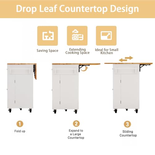67’’ Movable Kitchen Island with Drop Leaf and Power Outlet, Lockable Sliding Countertop Rolling Island Cart with 2 Large Drawers, Spice, Towel Rack