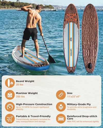 Highpi Inflatable Stand Up Paddle Board Premium SUP Accessories, Backpack, Wide Stance, Surf Control, Non-Slip Deck, Leash, Paddle and Pump