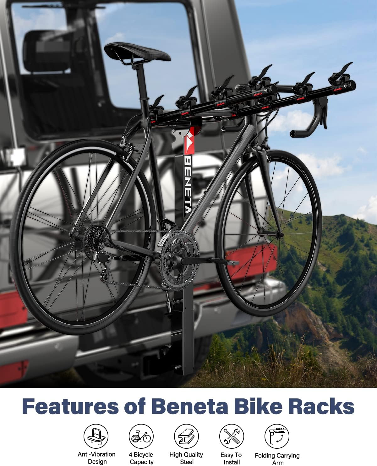 Bike Rack for Car, BENETA Bicycle Car Rack with 2'' Hitch Tightener, Heavy Duty 4 Bike Hitch Mount Rack Foldable Swing Down Bike Carrier Rack for Car