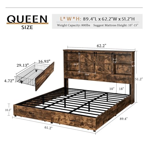 VanAcc Full Size Bed Frame, Wooden Platform Storage Bed with 51.2" Bookcase Headboard, 2 Drawers