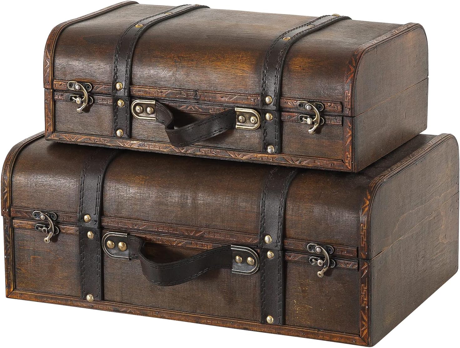 Soul & Lane Globetrotter Wooden Trunk Suitcases with Handle - Set of 2 | Vintage Wood Storage Chest Set