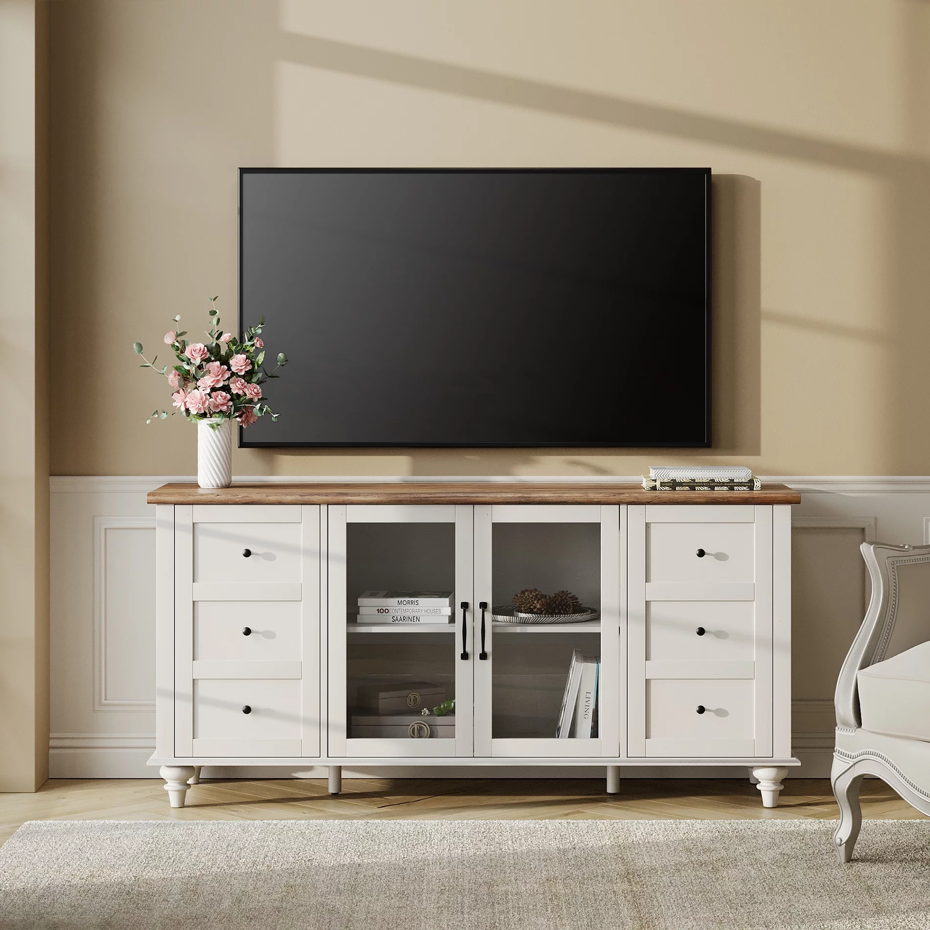 WAMPAT 4-Door Farmhouse TV Stand for TVs Up to 65 inch,Glass and Wood Universal TV Stand with 4 Storage Cabinets