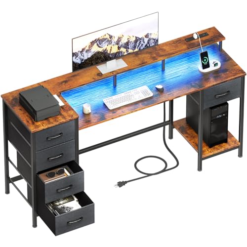 47 Inch Computer Gaming Desk with Power Outlets LED Lights Reversible Home Office with Adjustable Fabric Storage Drawers for Working Writing Study