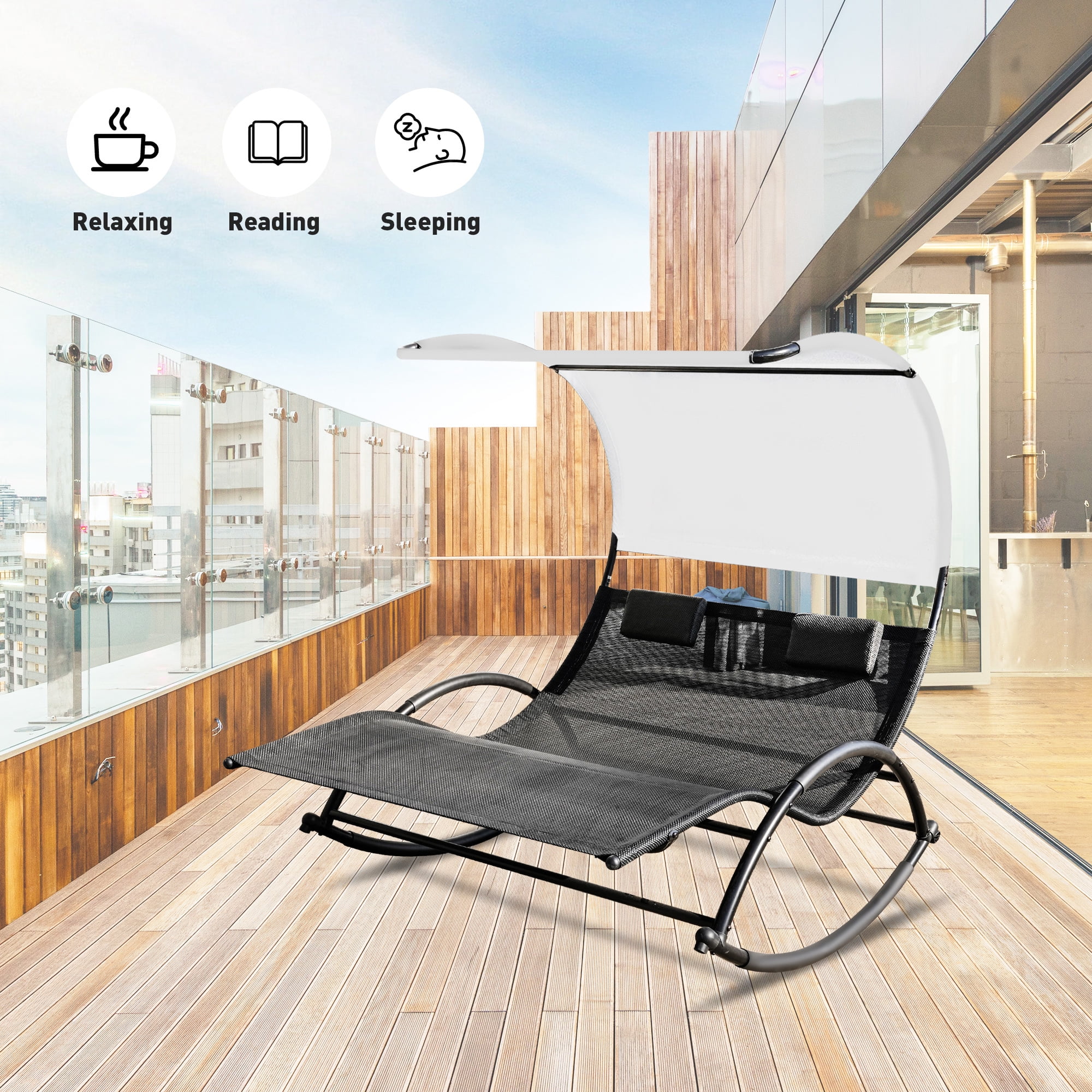 Outdoor Patio Chaise Lounge,Double Sun Lounger with Canopy, Removable Pillows for All Weather for Poolside, Patio, Beach, Yard, Deck