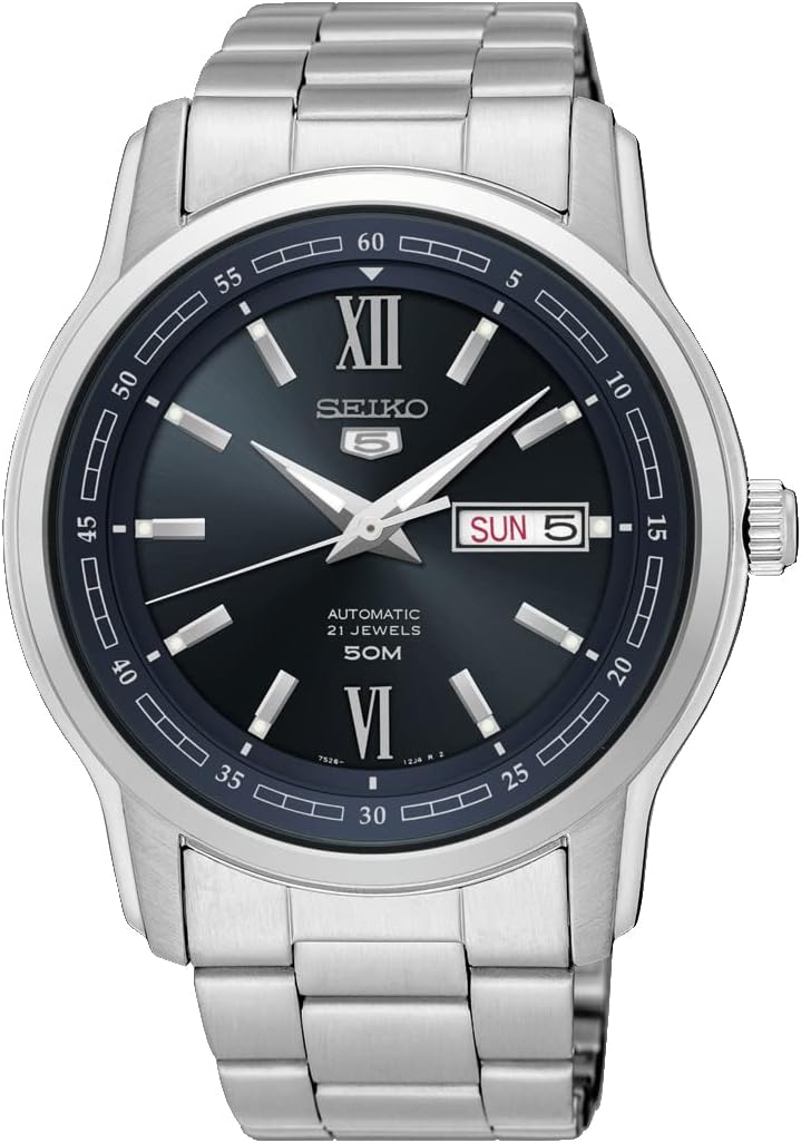 SEIKO SNKP17 Automatic Watch for Men 5-7S Collection - Black Dial with Luminous Hands, Roman Numerals at 12 & 6, Day/Date Calendar